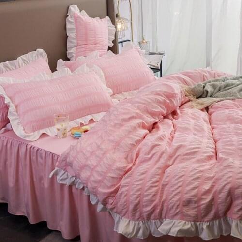 Pink White Washed Cotton Seersucker Duvet Quilt Cover Bed Skirt Luxury Single Double Bedding Set Queen King Size Bed Linens
