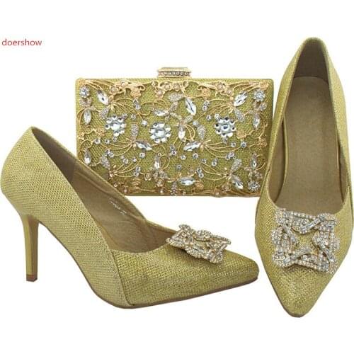 Doershow Women Shoes and Bag Set In Italy gold Color Italian Shoes with Matching Bag Set Decorated with Rhinestone WR1-19
