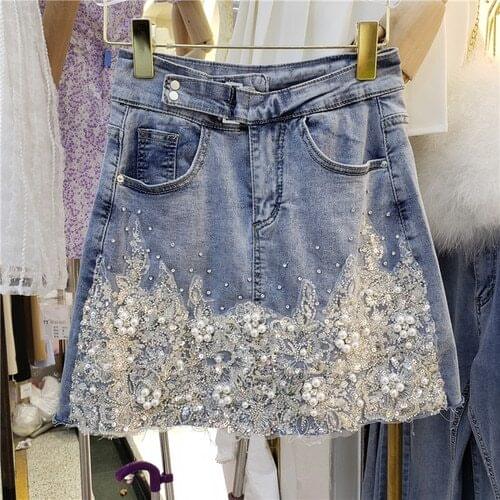 Denim Skirt for Woman Summer New Korean Style Heavy Industry Luxury Rhinestone Irregular High Waist Slimming Jean Skirts Mini