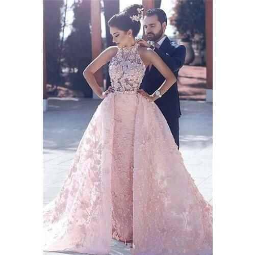 2021 Elegant Pink Formal Evening Party Dresses High Quality Halter Neck Vestios Gala Sexy Prom Gowns Women Lace Robe De Soire