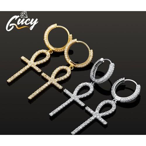GUCY 925 Stering Silver Cross With White Zircon Earring Gold Silver Color AAA Zircon Women Hip hop Jewelry