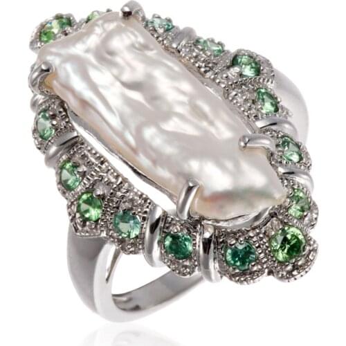 Baroque 21x9mm Freshwater Pearl and Peridot Rhodium Over Sterling Silver Ring