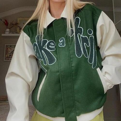 Women Bomber Jacket Grass Green Contrast Letter Hip Hop y2k Applique Baseball Coats High Street harajuku Street Loose Stitching