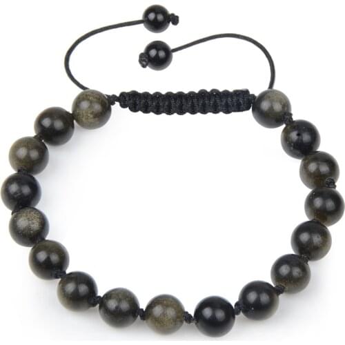 Hot Handmade Braided 8mm Round Beaded Gold Obsidian Bracelet Natural Stone Bracelet For Women Gifts