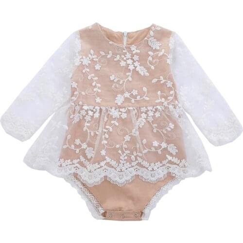 Baby Girl Fashion Long-sleeved Jumpsuits Dress Flower Embroidery Fresh Solid Lace Stitching Dress