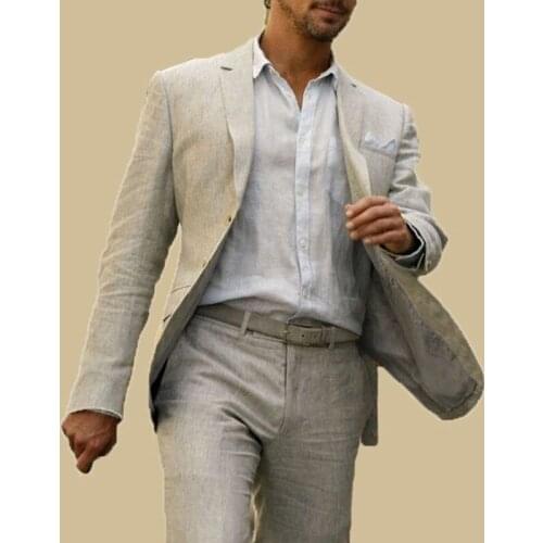 Bespoke Linen Beige Men Suits Slim Fit Formal Groom Prom Dress Tuxedo Casual Summer Style 2 Piece Male Blazer Jacket + Pants