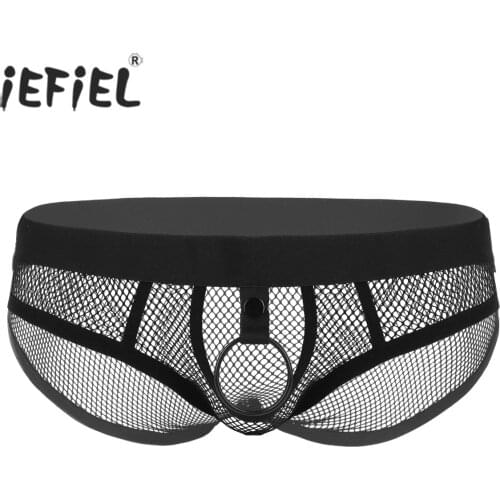 Mens See Through Fishnet Hollow Out Sissy Panties Gay Lingerie O-ring Open Penis Jockstraps Bulge Pouch Briefs Underwear