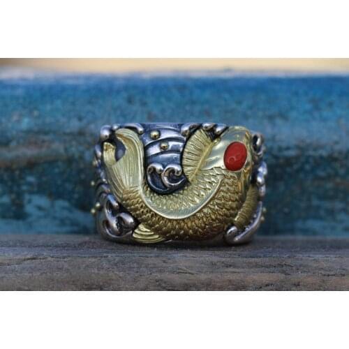 925 Sterling Silver MENS Retro big Fish handmade ring jewelry A5242