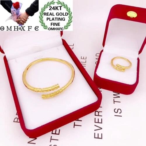 OMHXFC Wholesale YM291 European Fashion Fine Woman Party Birthday Wedding Gift Vintage Open 24KT Gold Ring+Bracelet Jewelry Set
