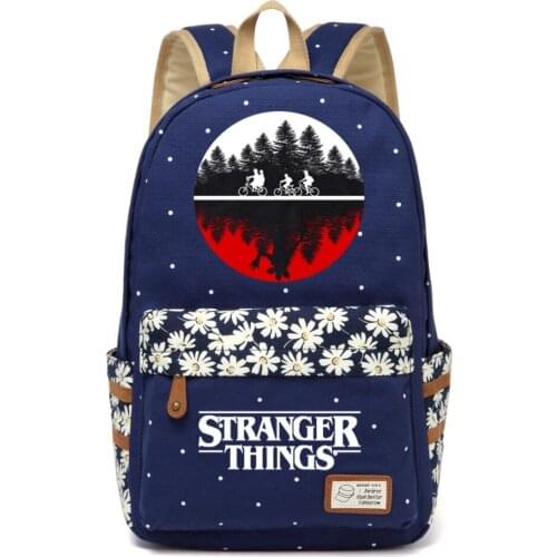 WISHOT Stranger Things Canvas backpack Girls women dot school bag Cartoon travel Shoulder Fashion Flower wave point Bag