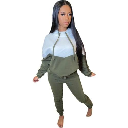 Causal Women Two Piece Set Color Patchwork Drawstring Hooded Sweater + Long Pants Tracksuit Women Winter Clothes Suit Outfit