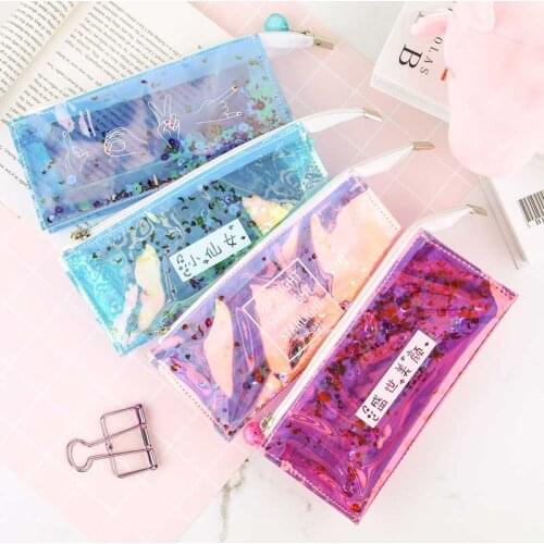 1Pcs Transparent With Sequin Pencil Case Iridescent Cosmetic Storage Bag Stationery Holder Home Office Escolar Storage Accessori