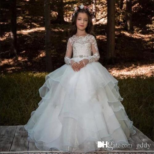 Long Sleeve Flower Girl Dresses Lace Applique Ruffles Girls Pageant Gowns Children A Line Kids Prom Party Dres