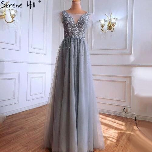 Serene Hill Silver Luxury A-Line Evening Dresses Gowns 2021 Beading Sexy Sleeveless For Women Party LA70960