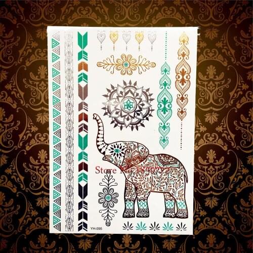 Brand New Henna Elephant Designs Flash Gold Metallic Temporary Tattoo Sticker HYH095 Sexy Women Henna Flower Ganesha Tattoo Fake