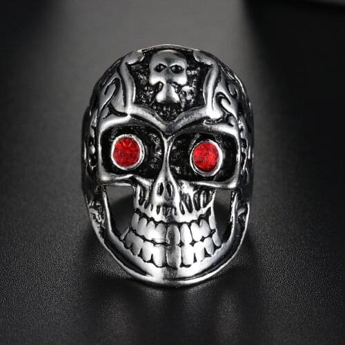 Vintage Gothic Exaggerated Skeleton Ring Unique Silver Color Red Stone Eyes Skull Rings for Ladies Men Women Biker Jewelry