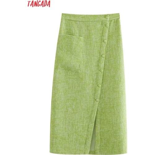 Tangada Women Plaid Green Tweed Midi Skirt 2021 Autumn Office Ladies Elegant Chic Mid Calf Skirts 3H188