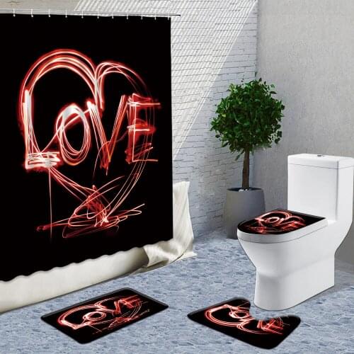 Red Rose Flower High Cup Shower Curtain Fabric 4 Pieces Set Bath Set With Carpets And Curtains Bathroom Supplies Valentines Day