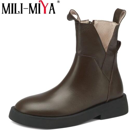 MILI-MIYA Hot Sale Round Toe Western Ankle Boots Genuine Leather Platform Chunky Heel Female Zipper Casual Shoes Big Size 34-42