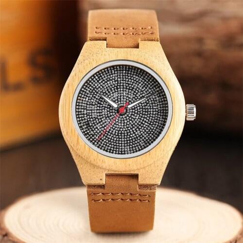 Rhinestone Round Dial Bamboo/Ebony Wood Ladies Quartz Wristwatch Genuine Leather Wristwatch Stylish Natural Wooden Female Clock