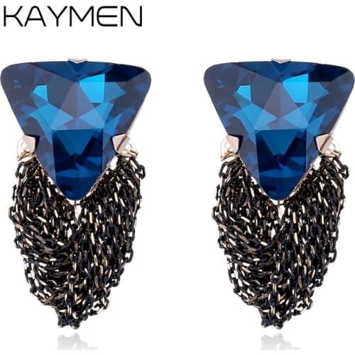 KAYMEN Women Fashion 3 Colors Triangular Crystal and Black Chains Tassels Statement Drop Earrings for Women Bijou