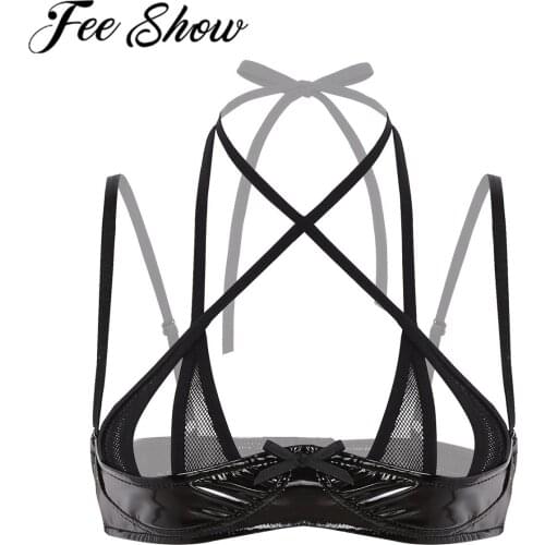 Women Bralette Wire-free Unlined Bra Top Adjustable Latex See Through Shelf Underwear Adult Wetlook Leather Halter Neck Lingerie