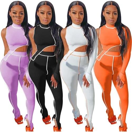 Women Elastic Hight Fitness Tracksuit Two Piece Set Asymmetry Single Long Sleeve Crop Top+Split Hem Pencil Pant Streetwear Suit