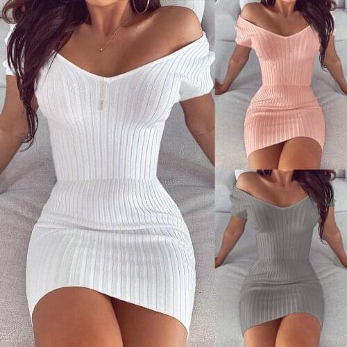 Sexy V-Neck Solid Slim Mini Dress Women Summer New Fashion Off Shoulder Short Sleeve High Waist Package Hip Bodycon Pencil Dress