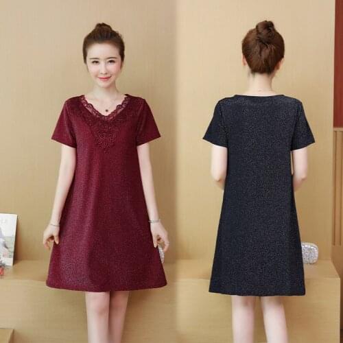 Summer Office Lady A-line Solid Short Sleeve V-neck Fashion Casual Streetwear Elegant Plus Size Wine Red Black Party Dress
