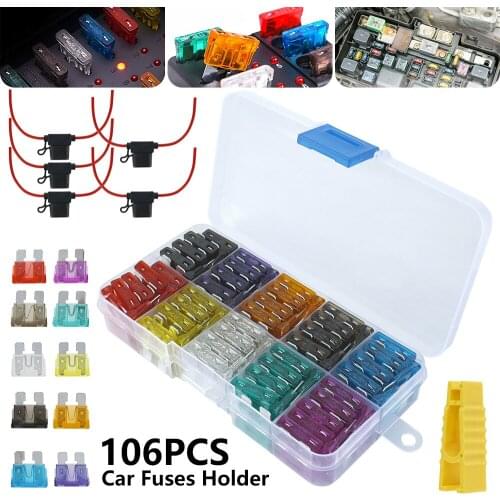 106Pcs Standard Car Fuses Holder Waterproof Car Blade Fuses Replacement Kit 100 Auto Car Micro Blade Fuse 5 Inline Fuse Holder