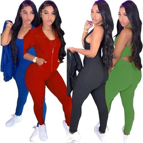 8CQ061 Autumn Winter Women Outdoor Casual Sports Solid Fish-scale Pattern Zipper Three Piece Set Tracksuit Sweatsuit Outfits Hot