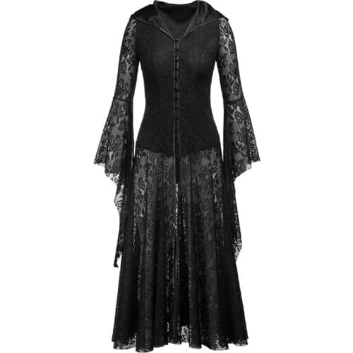 Black Halloween Punk Dress Cosplay Women Sexy Lace Goth Long Dress 2021 Victorian Vintage Retro Steampunk Gothic Hooded Dresses