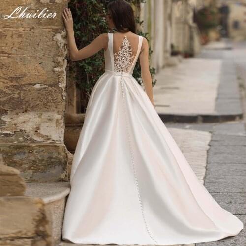 Lhuilier Elegant A-line Satin Wedding Dresses 2020 Scoop Neck Sleeveless Floor Length Lace Appliques Bridal Dress with Pockets