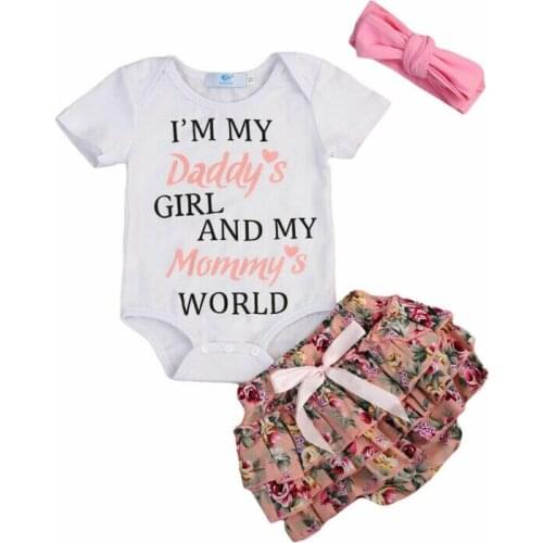 3PCS Newborn Kids Baby Girl Outfits Clothes Sets Letter Short Sleeve Romper+Tutu Ruffles Shorts Headband Set
