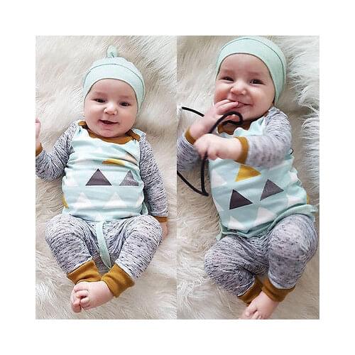 Newborn Infant Clothes Long Sleeve Baby Boy Girl Clothing Set Cartoon Triangle Printed T-shirt+Pants+Hat 3pcs Casual Baby Outfit