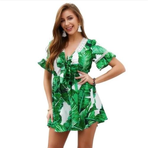 Short sleeve Floral Print Romper with Belt Women Summer Beach V Neck Sexy Jumpsuit Short Overalls Casual Boho Bodysuit CL280