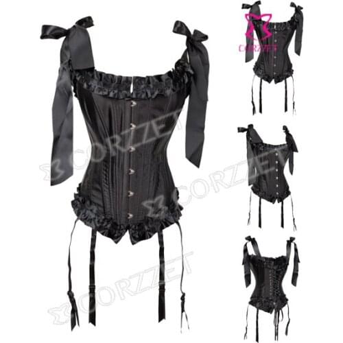 Free Shipping Steel Boned Steampunk Corsets Black Satin Sexy Overbust Gothic Corset Top Women Corpetes E Espartilhos WithGarters