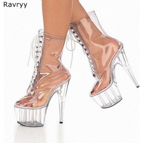 Summer lace up Women sandal boots transparent PVC Women boots thick heel female dress shoes platform heels club party shoes