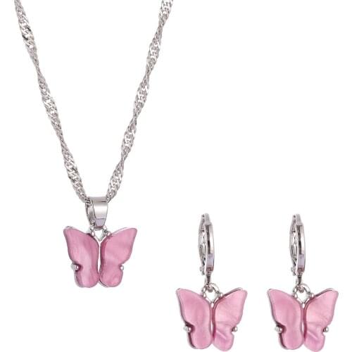 Hot sale Woman Butterfly Necklace Pendants Earrings jewelry Sets Polychromatic Hip hop Trendy Resin Party Trend