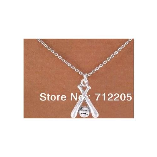 Fashion Silver Plated softball and bats pendant necklace sports jewelry