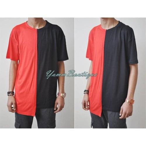 Mens Off Bi Colour Two Tone Tshirt / Split Solid Tee Crew Neck Short Sleeve Scallop ,Drop Tail Hem - Double Colour