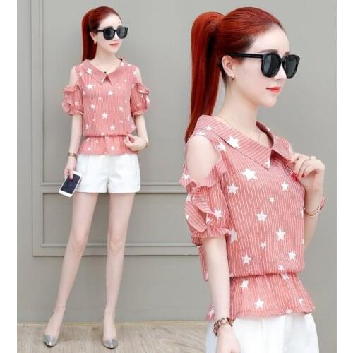 Casual New Peter Pan Collar Womens Chiffon Shirts Short Sleeve Blouses Loose Spring Summer Striped Womens Tops