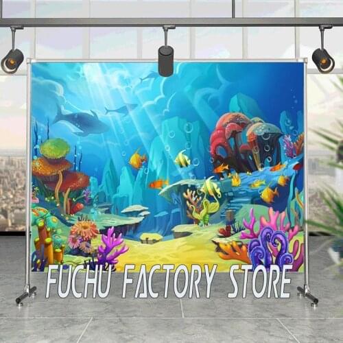 Charming Undersea World Fish Baby Seaweed Shark Cartoon Background Boy Birthday Party Decorative Photography Studio Backdrop