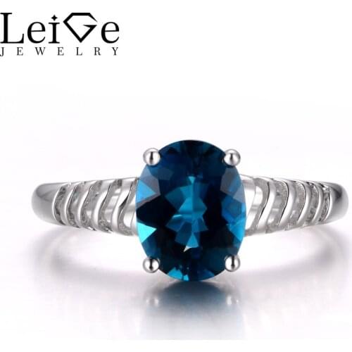 Leige Jewelry Genuine London Blue Topaz Gemstone Oval Cut Prong Setting Engagement Romantic Rings With November Birthstone
