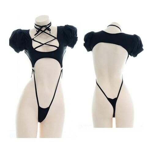 2021Sexy Girl One-Piece Pajamas Puff Sleeve Lace-up Sukumizu Swimsuit Black Set Pajamas Lolita Hollow Out Short Sleeve Underwear