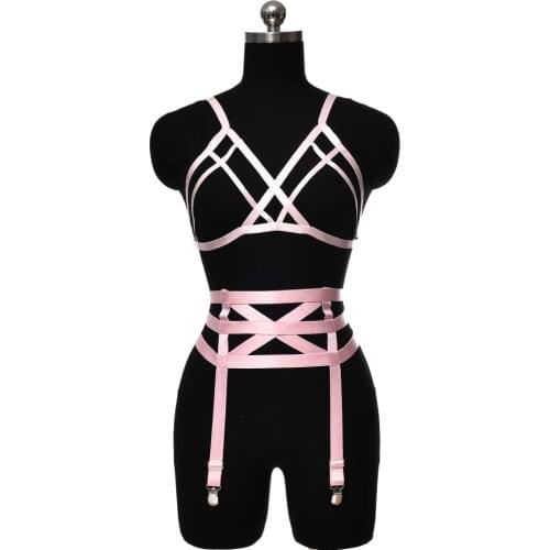 Pink Harness Garter Set Punk Goth Body Cage Adjustable Hollow Festival Wear Bra Women Bondage Sexy Lingerie Stocking Garter Belt
