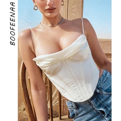 BOOFEENAA Sexy Vintage Satin Corset Busiter White Party Crop Tops for Women Padded Tanks Camis Sleeveless Blouse C97-EG13