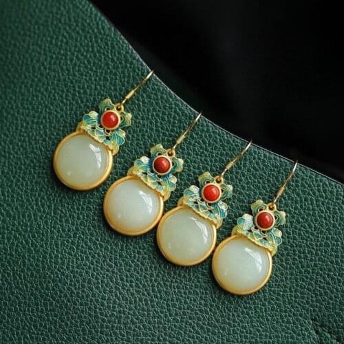 Natural Hetian Jade Epoxy Enamel Porcelain Earrings Chinese Retro Ethnic Style Designer Unique Charm Womens Brand Jewelry