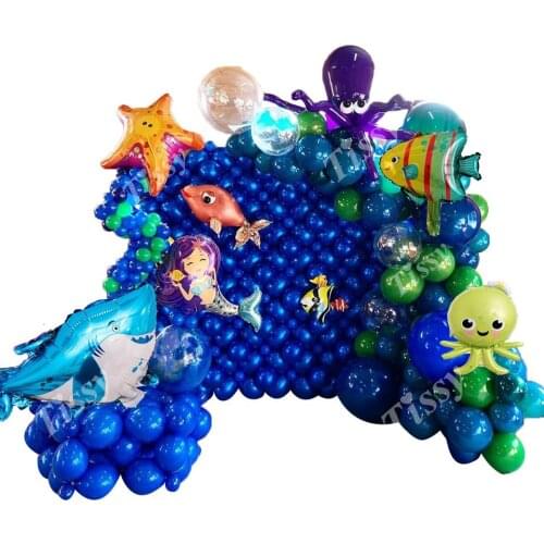 Ocean Theme Party Shark/Dolphin/Fish Cartoon Balloons Sea Animal Cake Toppers Birthday Kids Paper Banner Decor Party Supplies