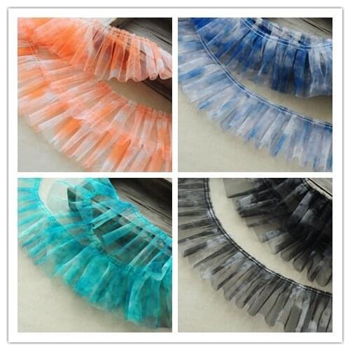 10CM Wide Blue Orange Pleated Lace Fabric Embroidery Ribbon Ruffle Trim Curtains Dress Skirts Hem Splice Sewing Guipure Supplies